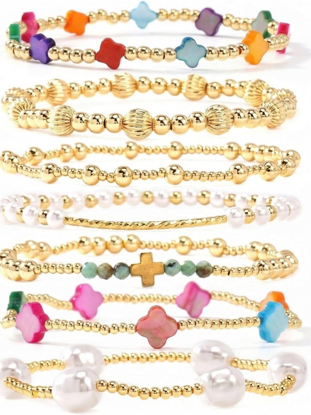 Dainty Gold Beaded Pearl Bracelet Stack for Women - Handmade Boho Stretch